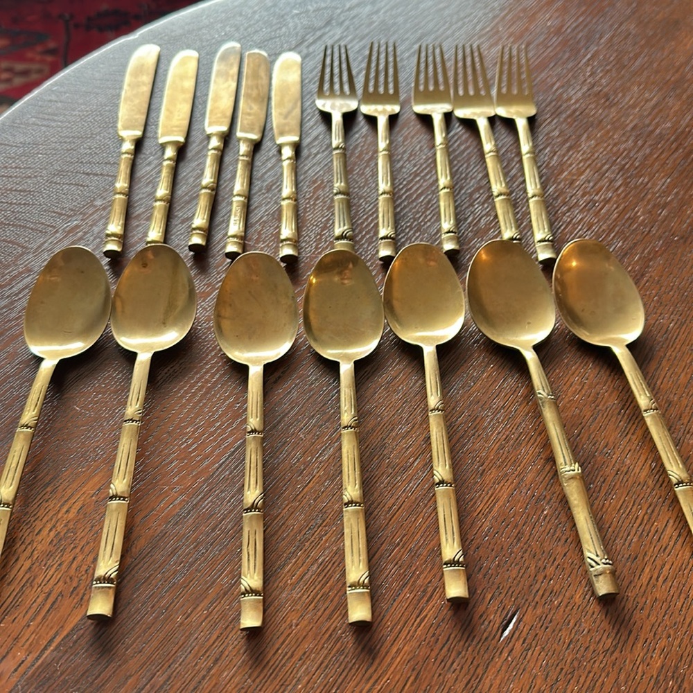 🇹🇭 17 pieces of flatware I bought in Thailand. Nickel Bronze. Brass color bamboo - Picture 2 of 11
